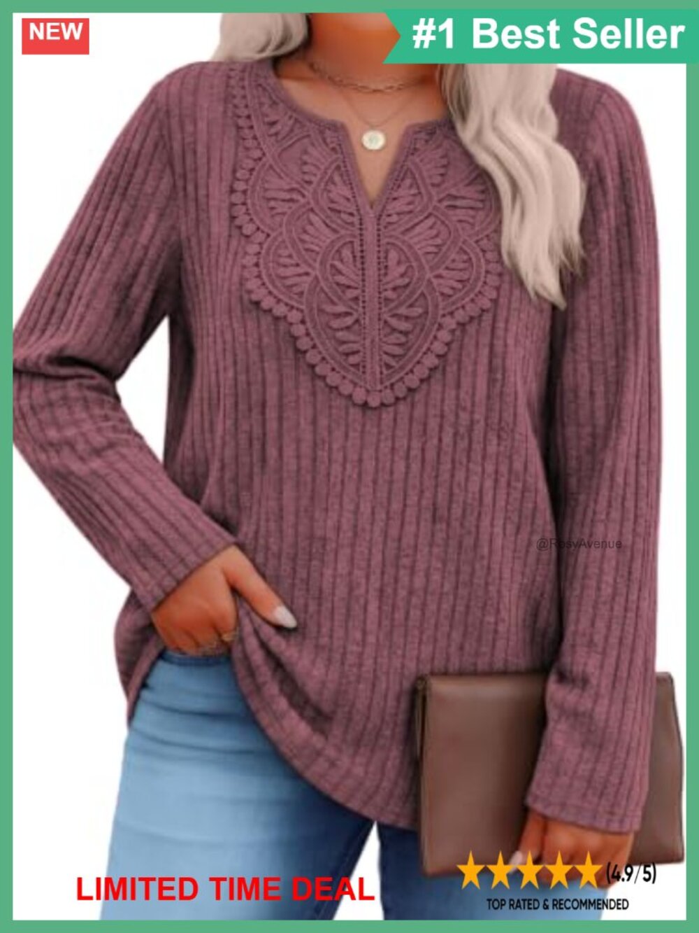 Plus Size Boho Lace V Neck Long Sleeve Pullover Sweater Top